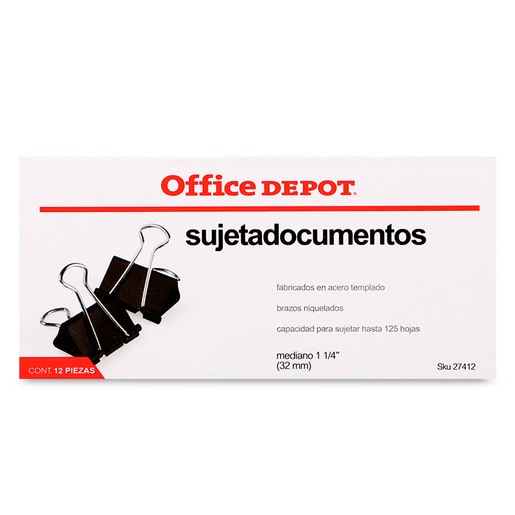 Sujetadocumentos Mediano Office Depot / Acero Templado / Negro / 12 piezas