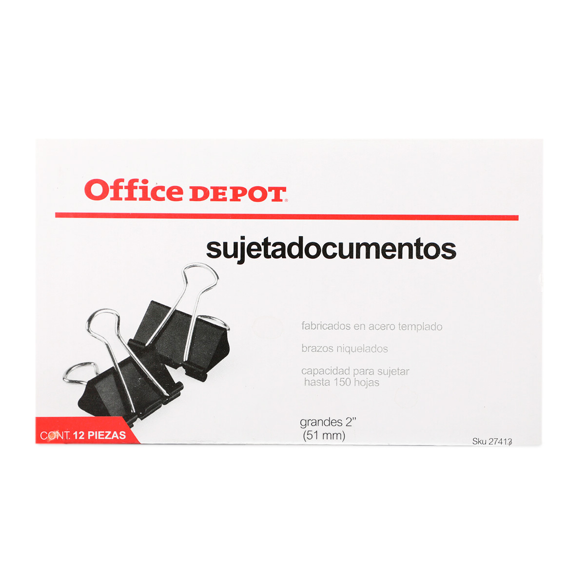 Sujetadocumentos Grande Office Depot / Acero Templado / Negro / 12 piezas
