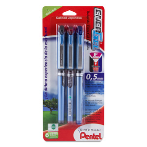 Plumas de Gel Pentel Energel Needle Tip / Punto fino / Tinta negra roja azul / 3 piezas