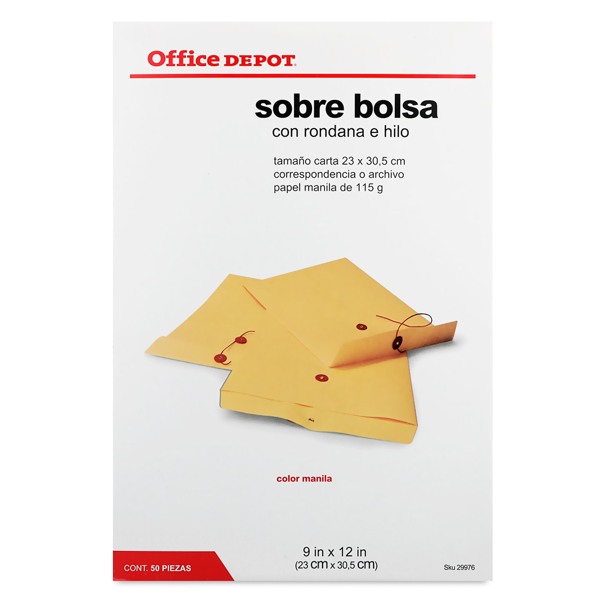 Sobres de Papel con Rondana e Hilo Carta Office Depot / Manila / 50 Piezas