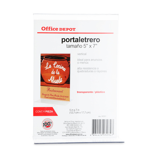 Marco para Letreros Office Depot / Vertical / Acrílico / 12.7 x 17.7 cm / Transparente