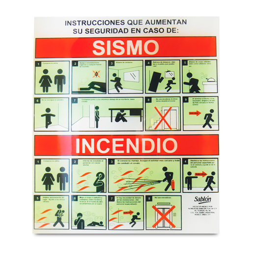 LETRERO SABLON EN CASO DE SISMO/INCENDIO (35X24)