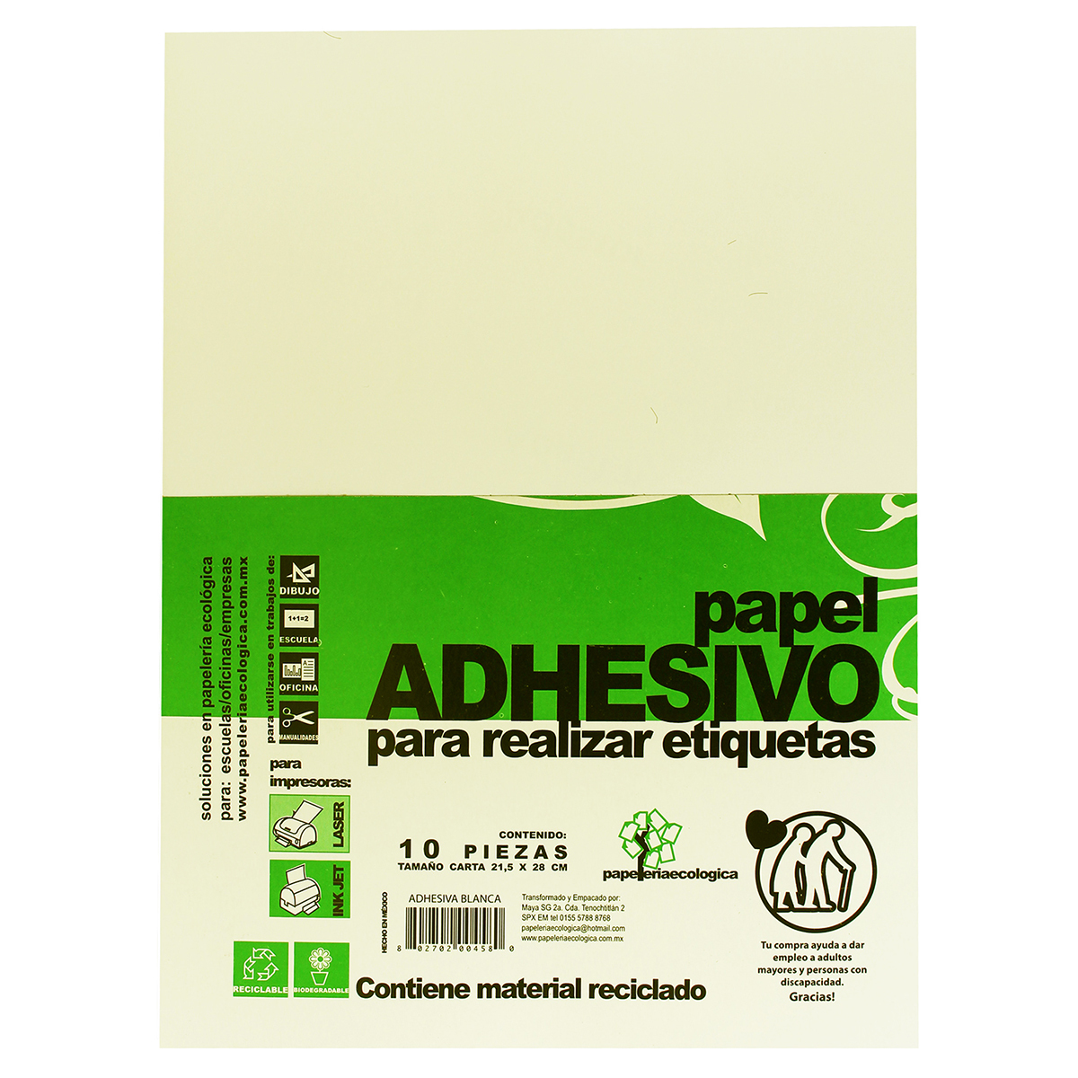 Papel Autoadherible para Etiquetas Láser E Inkjet Papelería Ecológica IA10 / 10 hojas / Carta / Blanco