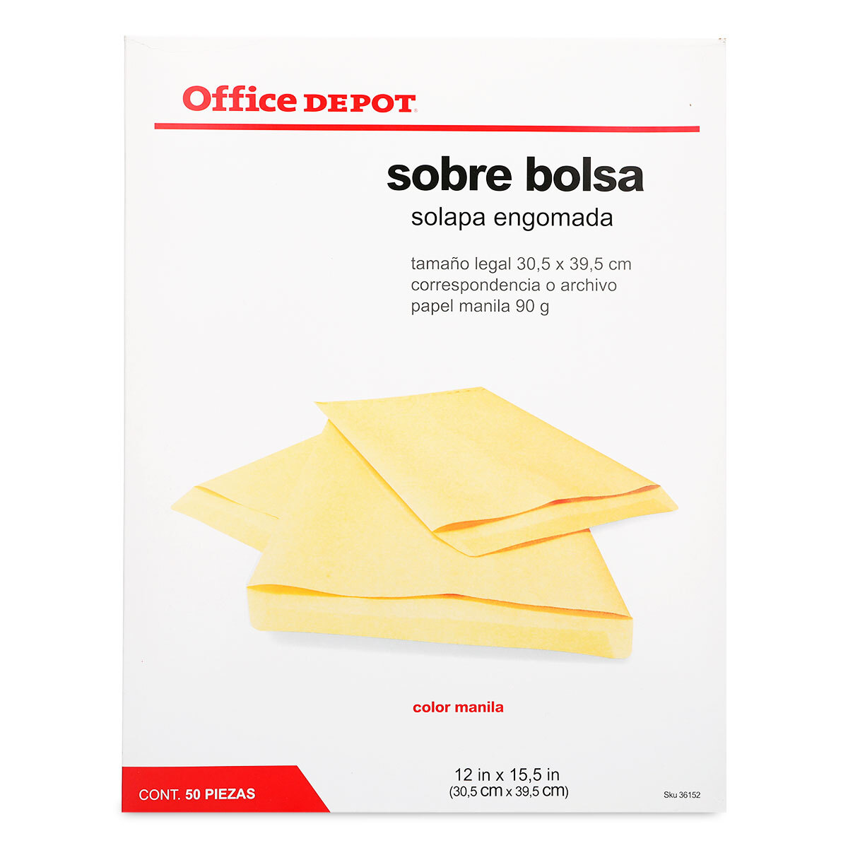 Sobres de Papel con Solapa Engomada Legal Office Depot / Manila / 50 Piezas