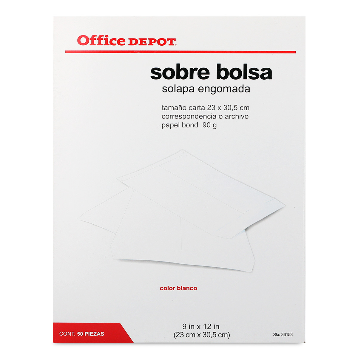 Sobres de Papel con Solapa Engomada Carta Office Depot / Blanco / 50 Piezas