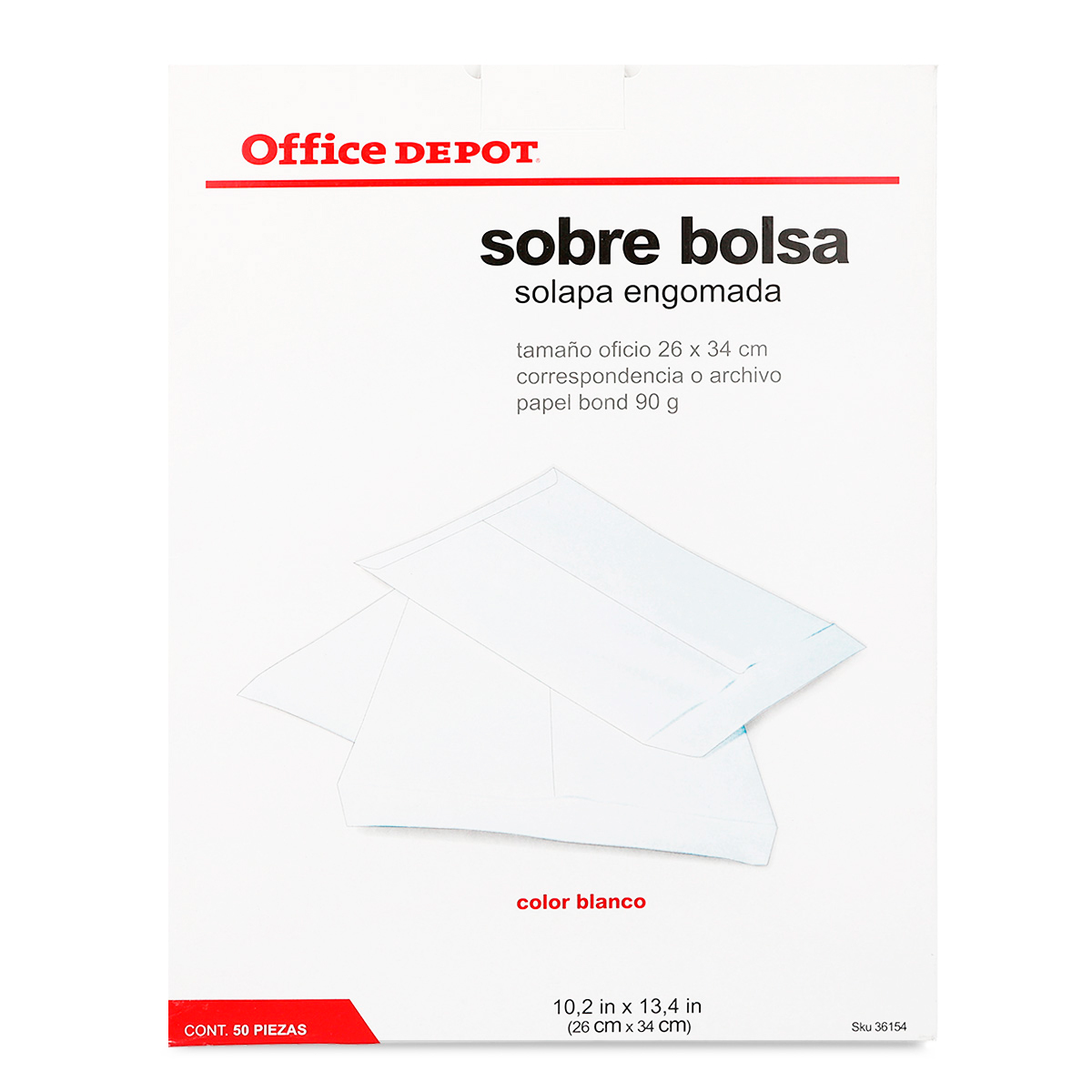 Sobres de Papel con Solapa Engomada Oficio Office Depot / Blanco / 50 Piezas