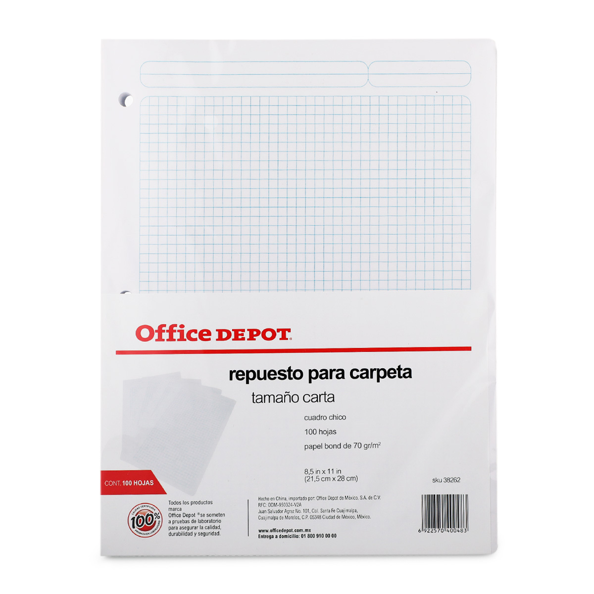 Hojas de Repuesto para Carpeta Carta Office Depot / Cuadro chico / 100 hojas