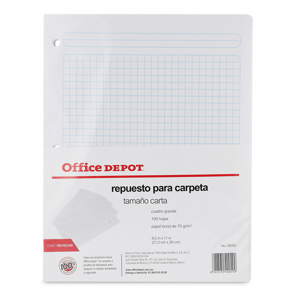 Hojas de Repuesto para Carpeta Carta Office Depot / Cuadro grande / 100 hojas