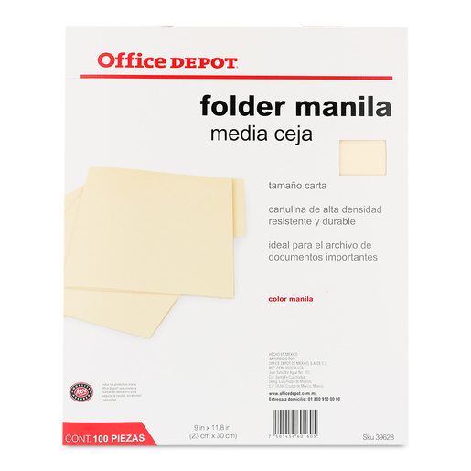 Folders Carta con Media Ceja Office Depot / Manila / 100 piezas