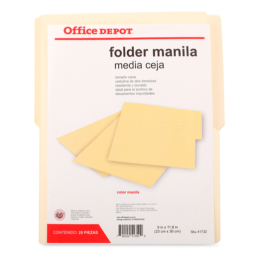 Folders Carta con Media Ceja Office Depot / Manila / 25 piezas