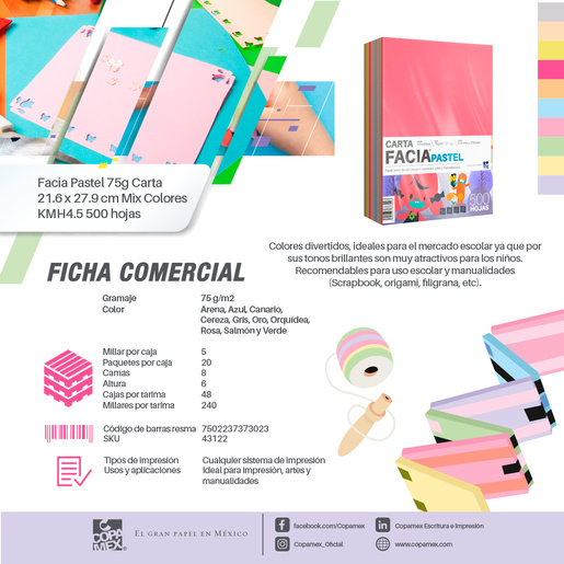 Hojas de Colores Facia Pastel / Paquete 500 hojas / Carta / Surtido 10 colores pastel / 75 gr