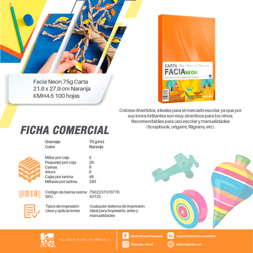 Hojas de Color Facia Neon / Paquete 100 hojas / Carta / Naranja neón / 75 gr