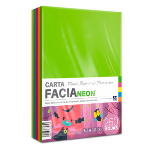 Hojas de Color Facia Neon / Paquete 250 hojas / Carta / Surtido 5 colores neón / 75 gr