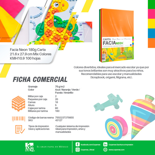 Cartulina de Colores Facia Neon 100 hojas Carta Surtido 5 colores neón 180  gr | Office Depot Mexico
