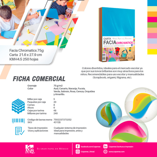 Hojas de Colores Facia Chromatics / Paquete 250 hojas / Carta / Surtido 10 colores / 75 gr