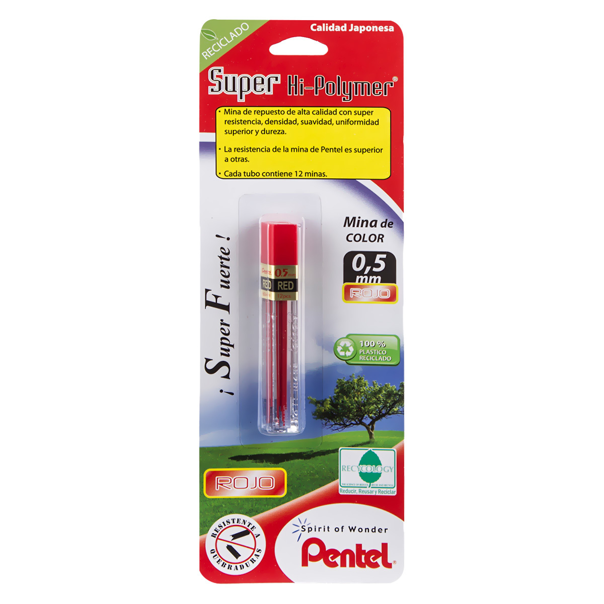 Mina de Repuesto Pentel Polymer 0.5 mm Rojo 12 minas