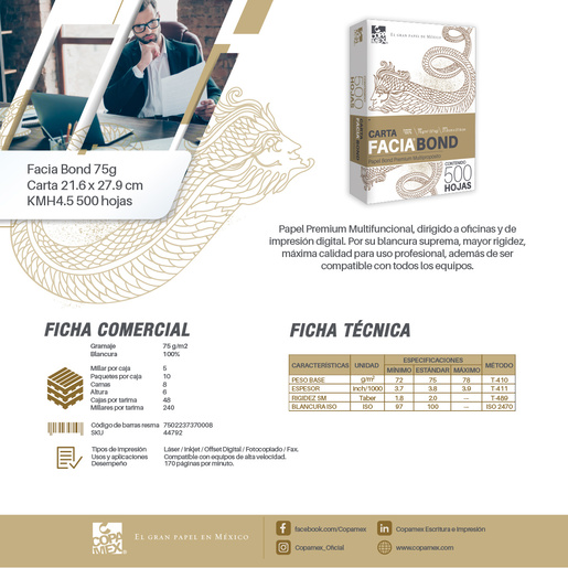 Papel Bond Facia Bond Premium / Carta / 500 hojas / Blanco