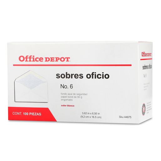 Sobres de Papel con Engomado No 6 Oficio Office Depot Blanco 100 Piezas | Office  Depot Mexico