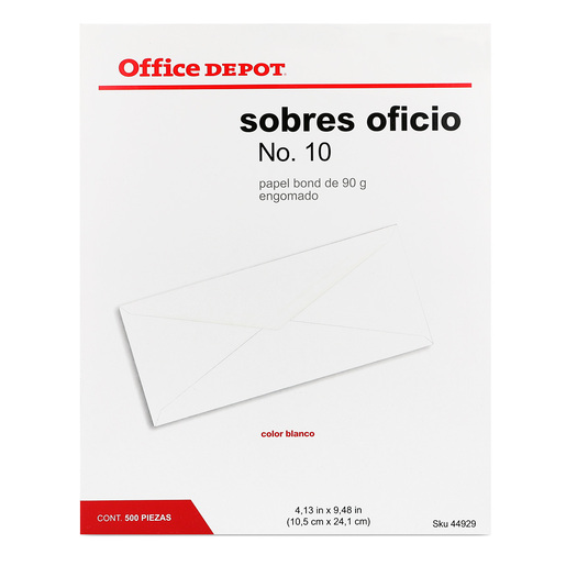 Sobres de Papel con Engomado No 10 Oficio Office Depot Blanco 500 piezas
