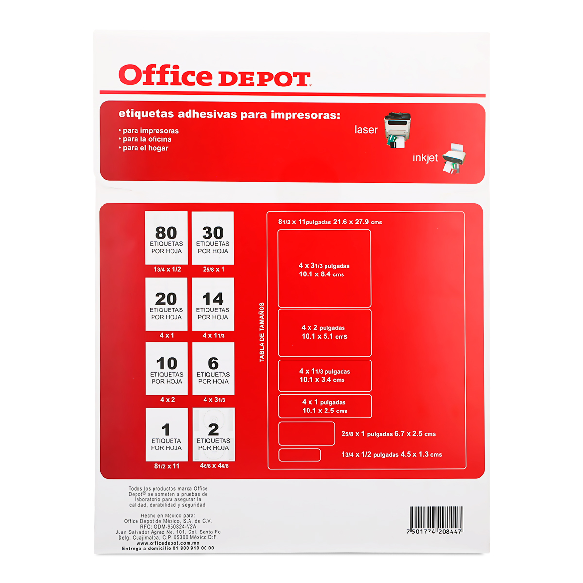 Etiquetas Adhesivas para Impresión Office Depot  x  cm Blanco 60  etiquetas | Office Depot Mexico
