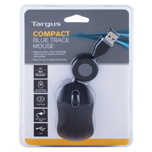 Mouse Alámbrico con Cable Retráctil Targus Compact Blue Trace Mini / USB / Negro / PC / Laptop / Mac