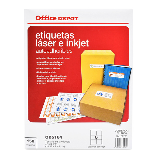 Etiquetas Adhesivas para Impresión Office Depot / 10.16 x 8.46 cm / Blanco / 150 etiquetas