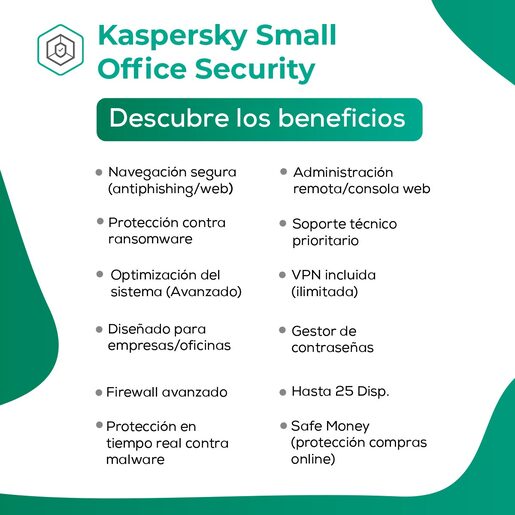 Antivirus Kaspersky Small Office Security Descargable / Licencia 1 año / 10 PC / 10 dispositivos móviles / 1 servidor de archivos