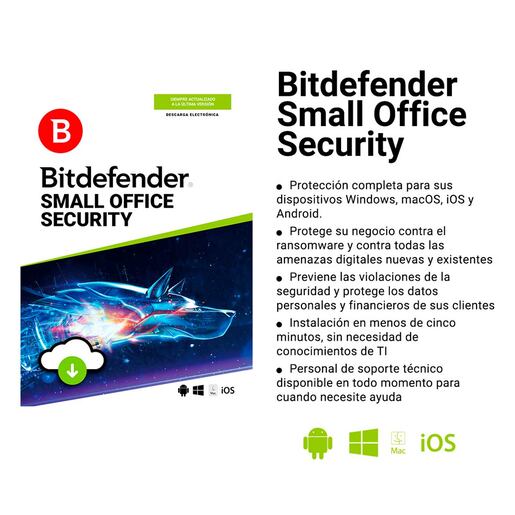 Antivirus Bitdefender Small Office Security Descargable / Licencia 1 año / 45 usuarios / 1 servidor / PC / Mac / Dispositivos móviles