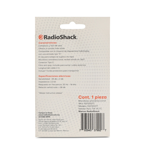 Micrófono de Solapa Alámbrico RadioShack 2 m