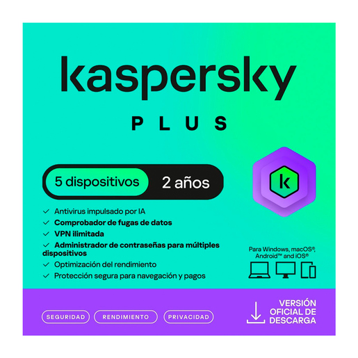 Antivirus Kaspersky Plus 5 Dispositivos 2 Años Descargable