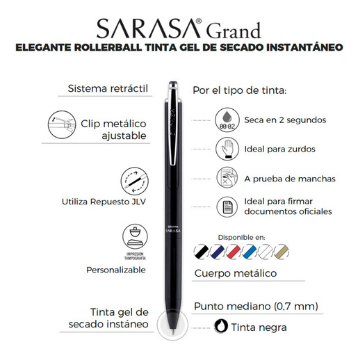 Bolígrafo de Gel Rollerball Zebra Sarasa Grand Punto Mediano Tinta Negra