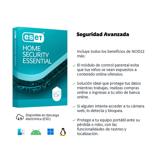 Antivirus Eset Nod32 Home Security Essential Licencia 1 año 1 dispositivos PC/Mac/Laptop/Smartphone/Android