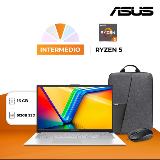 Laptop Asus Vivobook Go 15 AMD Ryzen 5 15.6 pulgadas 512 GB SSD 16 GB RAM Plata Incluye Mochila y Mouse