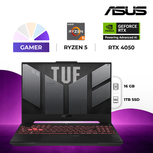 Laptop Gamer Asus TUF A15 NVIDIA GeForce RTX 4050 AMD Ryzen 5 16GB RAM 1TB SSD 15.6 pulgadas