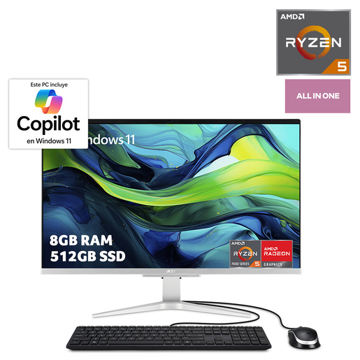 Computadora de Escritorio Acer All in One Aspire C24 AMD Ryzen 5 23.8 pulgadas 512 GB SSD 8 GB RAM Negro