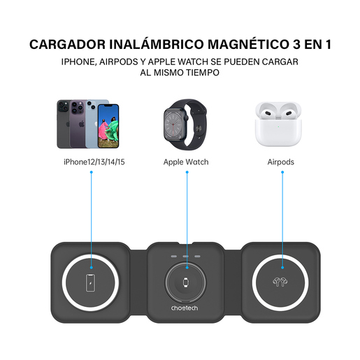 Cargador Magnético 3 en 1 Choetech 3 dispositivos Negro