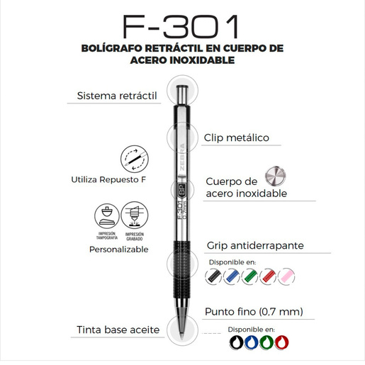 Bolígrafo Retráctil Zebra F-301 Punto Fino Tinta Azul