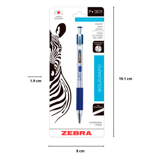 Bolígrafo Retráctil Zebra F-301 Punto Fino Tinta Azul
