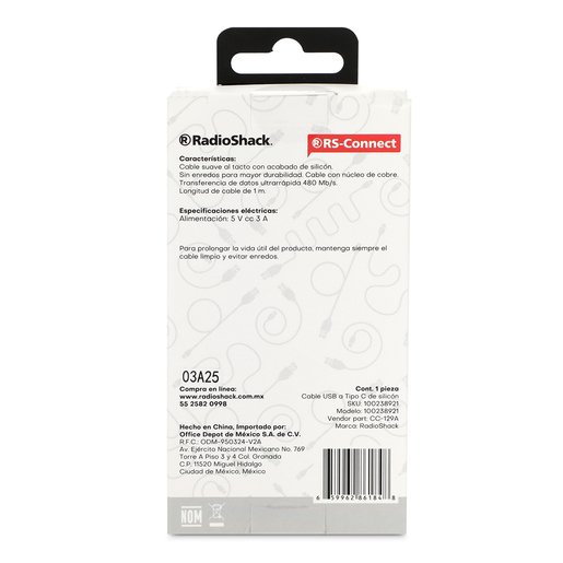 Cable USB 2.0 Tipo A a Tipo C RadioShack Blanco 1 m