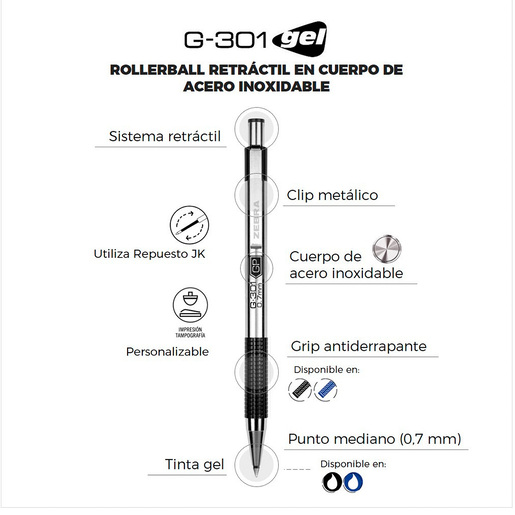 Bolígrafo Retráctil Zebra G-301 Gel Punto Mediano Tinta Negra