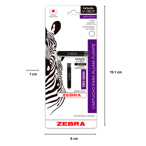 Cartucho de Repuesto Zebra para Pluma Fuente V-301 Tinta Negra 5 piezas