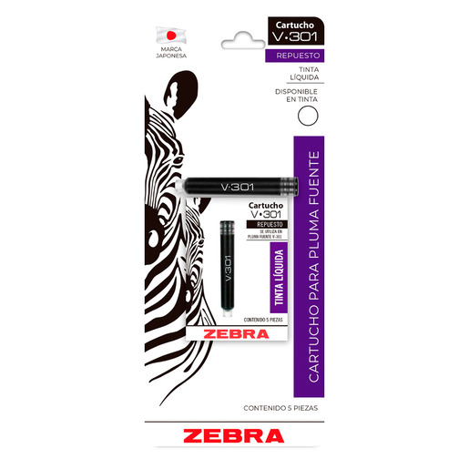 Cartucho de Repuesto Zebra para Pluma Fuente V-301 Tinta Negra 5 piezas