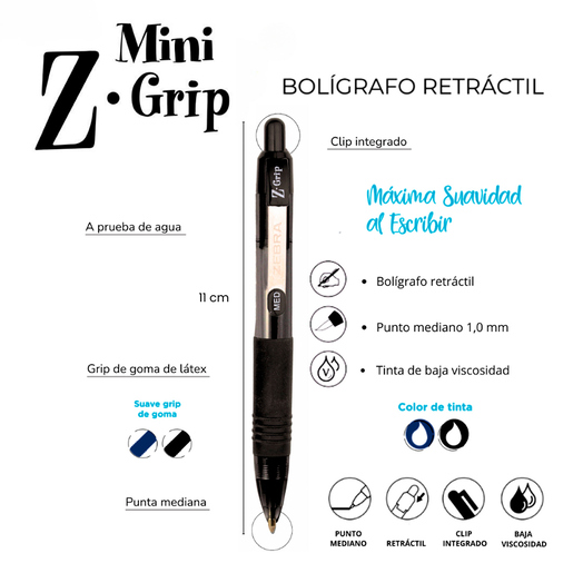 Bolígrafo Retráctil Zebra Mini Z-Grip Punto Mediano 3 piezas