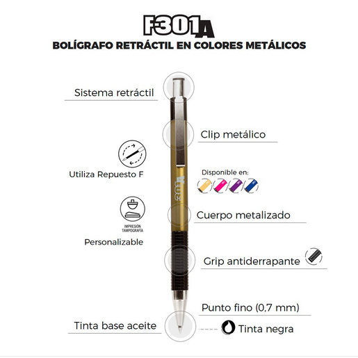 Bolígrafo Retráctil Zebra F301A Punto Fino Tinta Negra