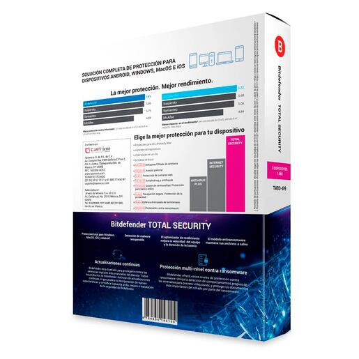 Antivirus Bitdefender Total Security / Licencia 1 año / 3 usuarios / PC / Laptop /  Mac / Dispositivos móviles