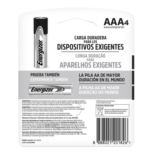 Pilas Alcalinas Energizer Max Plus AAA 4 piezas