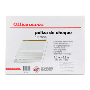POLIZA DE CHEQUE OFFICE DEPOT (1/2 OFICIO, 12 PZ.)