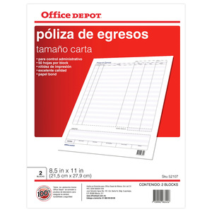 Póliza de Egresos Carta Office Depot 2 Blocks 50 hojas c/u