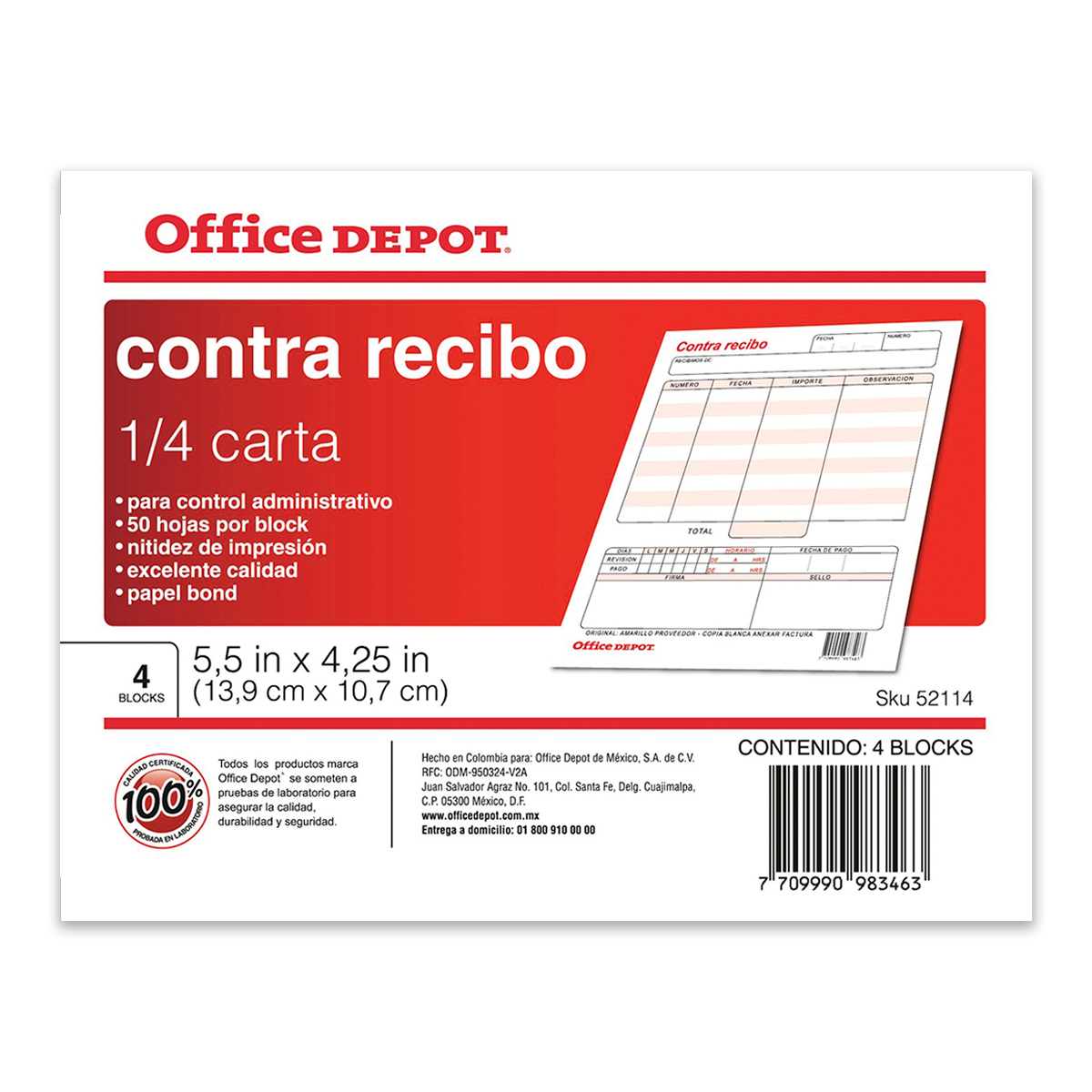 CONTRA RECIBO OFFICE DEPOT (1/4 CARTA, 4 PZS.)