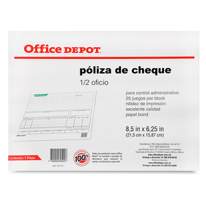POLIZA DE CHEQUE OFFICE DEPOT (1/2 OFICIO  1 PZ.) POLIZA DE CHEQUE OFFICE DEPOT (1/2 OFICIO  1 PZ.)